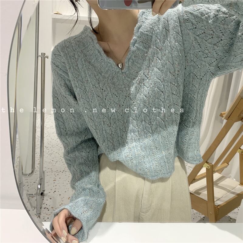 ニットセーター スタイルスタンダードレースVネックルーズプルオーバー トップス レディース レトロ ビッグFスモールZ韓国65314082291