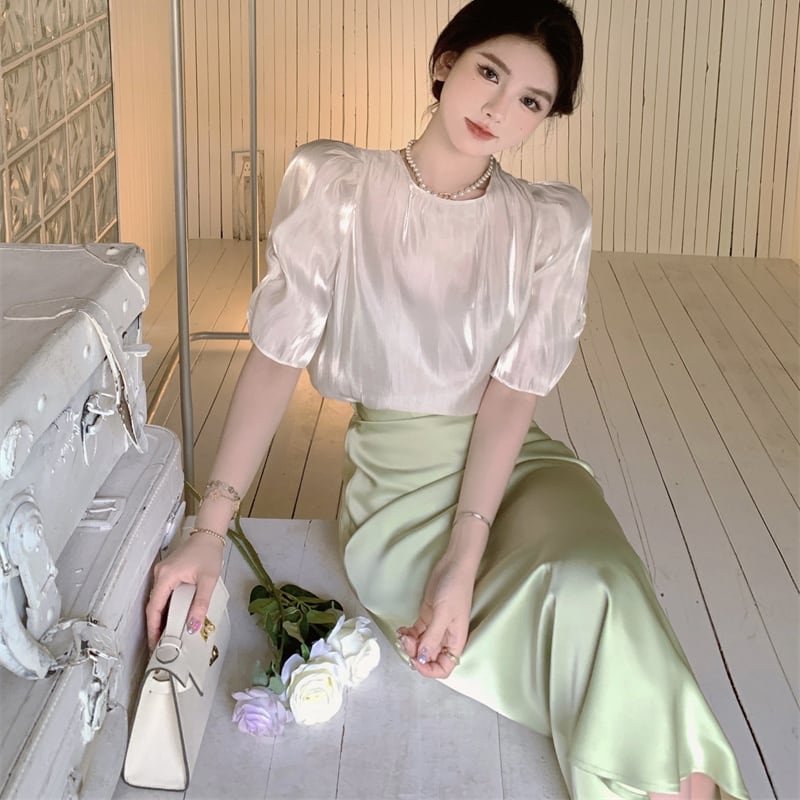 お呼ばれコーデ エレガント レトロ サテン シャツ ロングスカート 