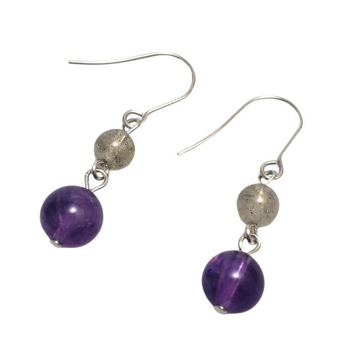 迷いや問題を解決するお守り ラブラドライト アメジスト パワーストーン ピアス 天然石 金運 ハンドメイド アクセサリー かわいい おしゃれ レディース ギフト プレゼント 金属アレルギー 対応 ギフト イヤリング変更可 送料無料