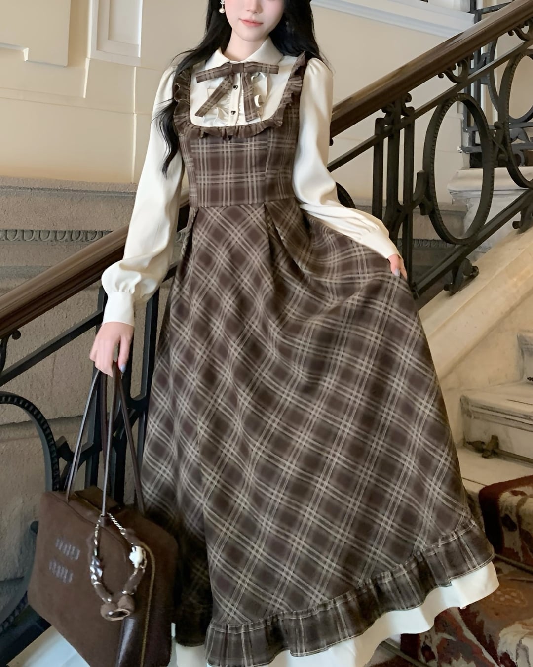 ブラウン チェック柄 ワンピース