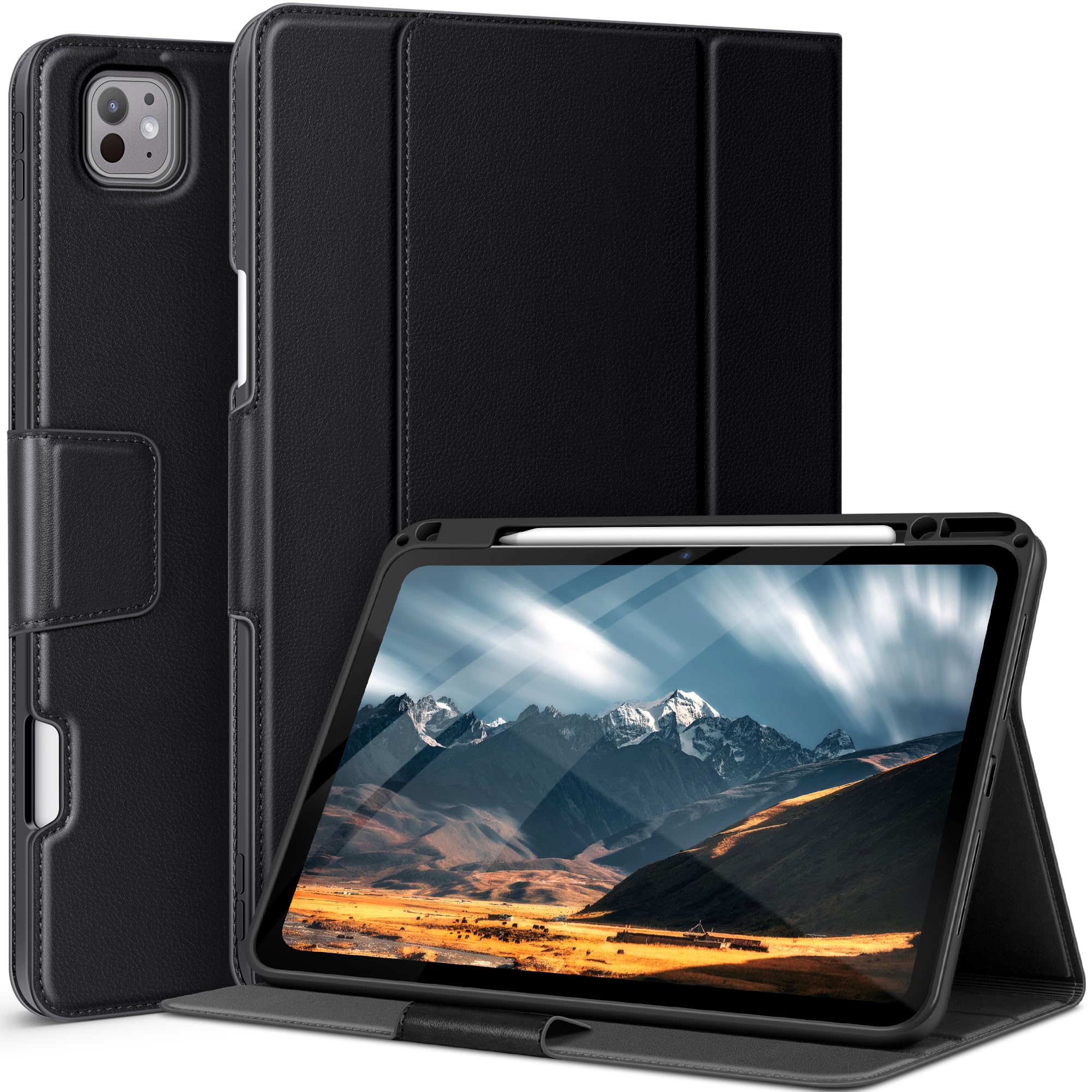 auaua iPad Pro 13インチ ケース (M5/M4) 2025/2024 専用 ペン収納 Pencil Pro/USB-C完全対応 ポケット付き 多角度スタンド マグネット開閉 オートスリープ対応 (ブラック)