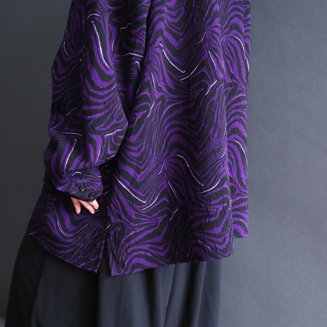 wrinkle fabric ard graphic l/s band open collar big shirt