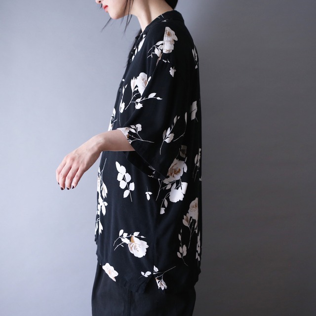 black base flower art pattern over silhouette open-collar l/s shirt