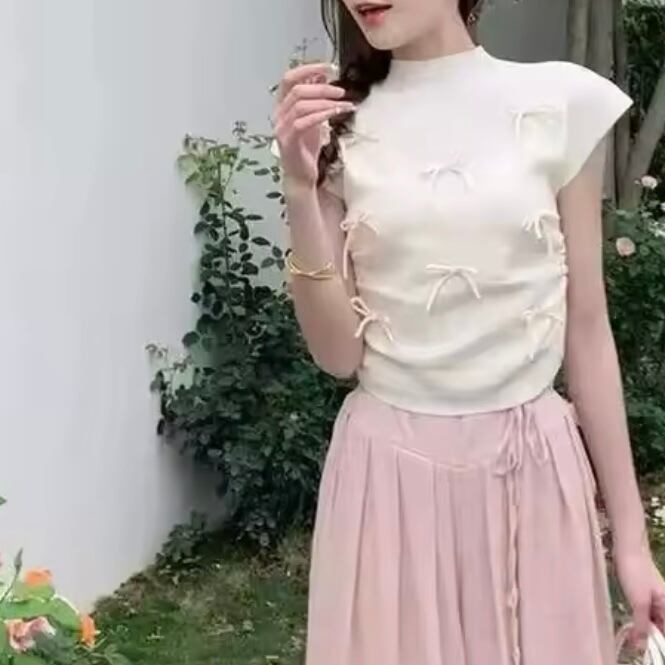 リボンモチーフクルーネックニットTシャツ