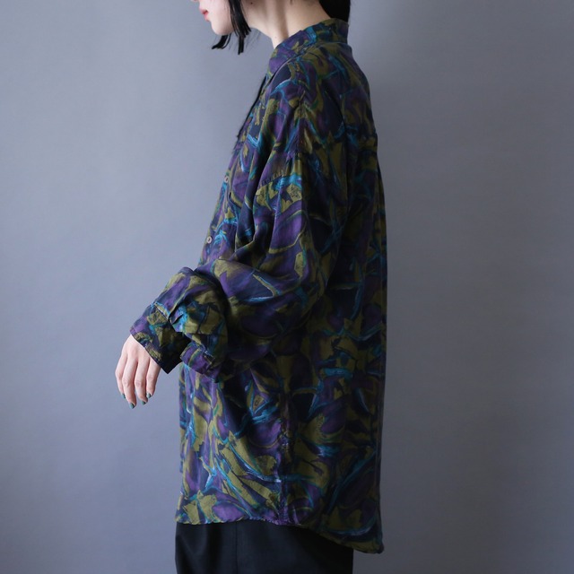 poison color abstract painting pattern over silhouette silk shirt
