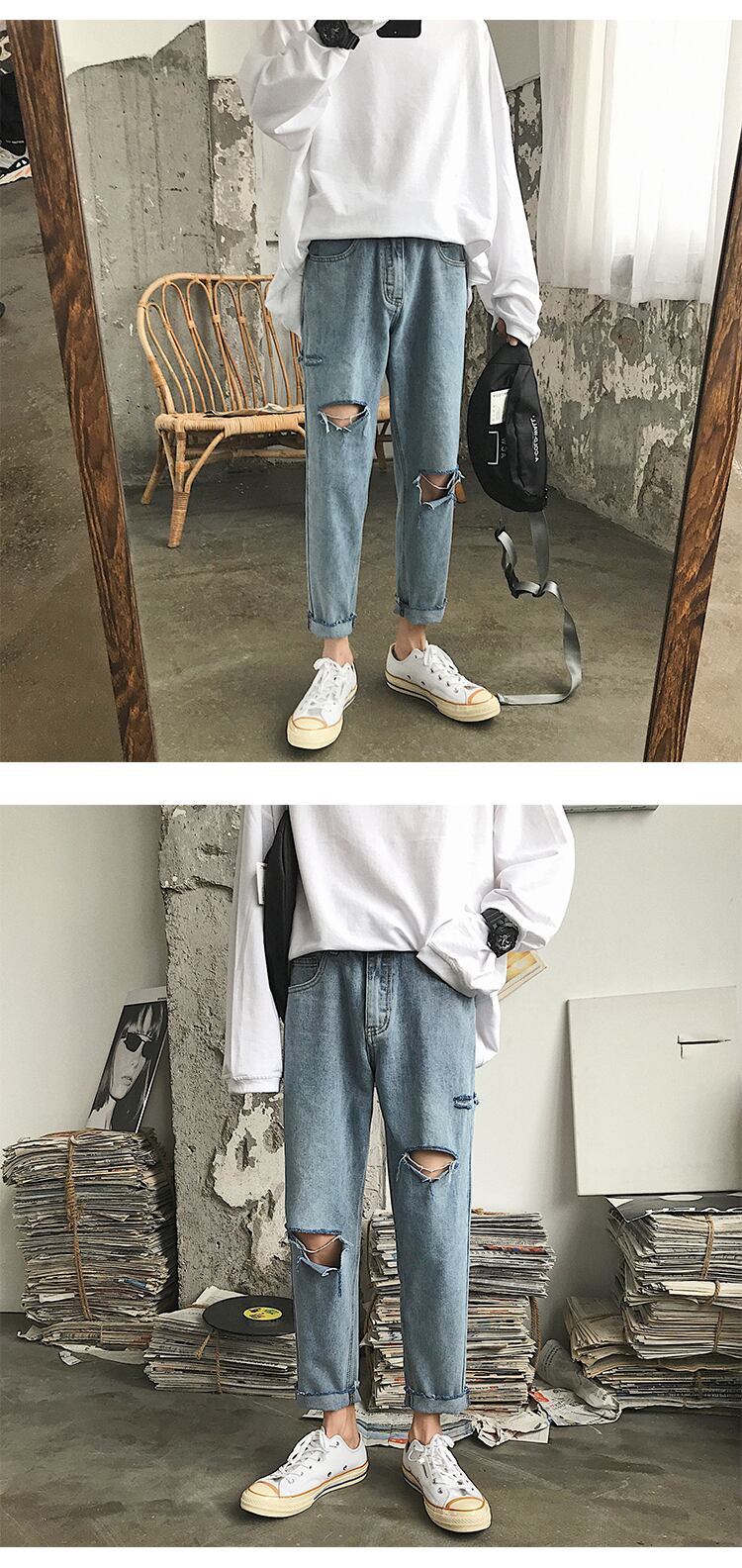 全1色 デニム パンツ ストレート カジュアル ダメージ おしゃれ