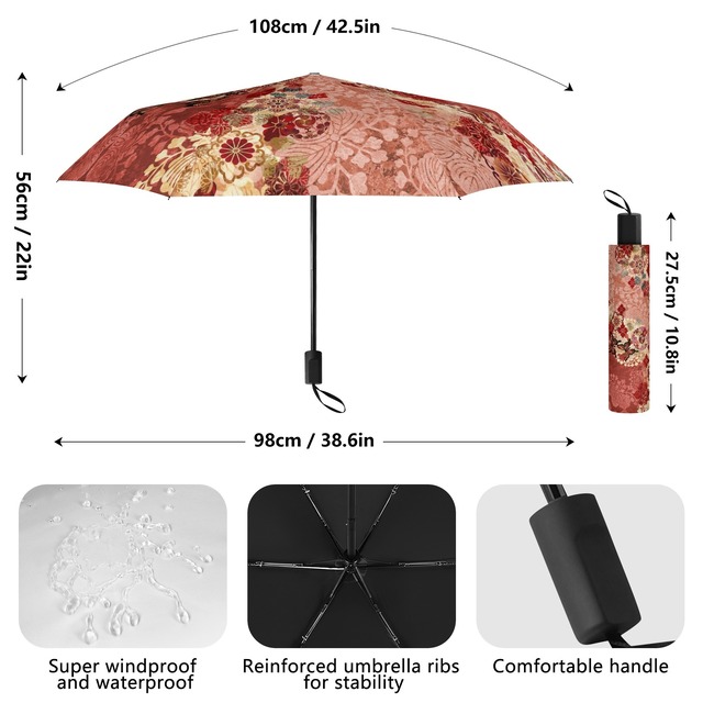 家紋装飾　珊瑚色　和柄折り畳み傘