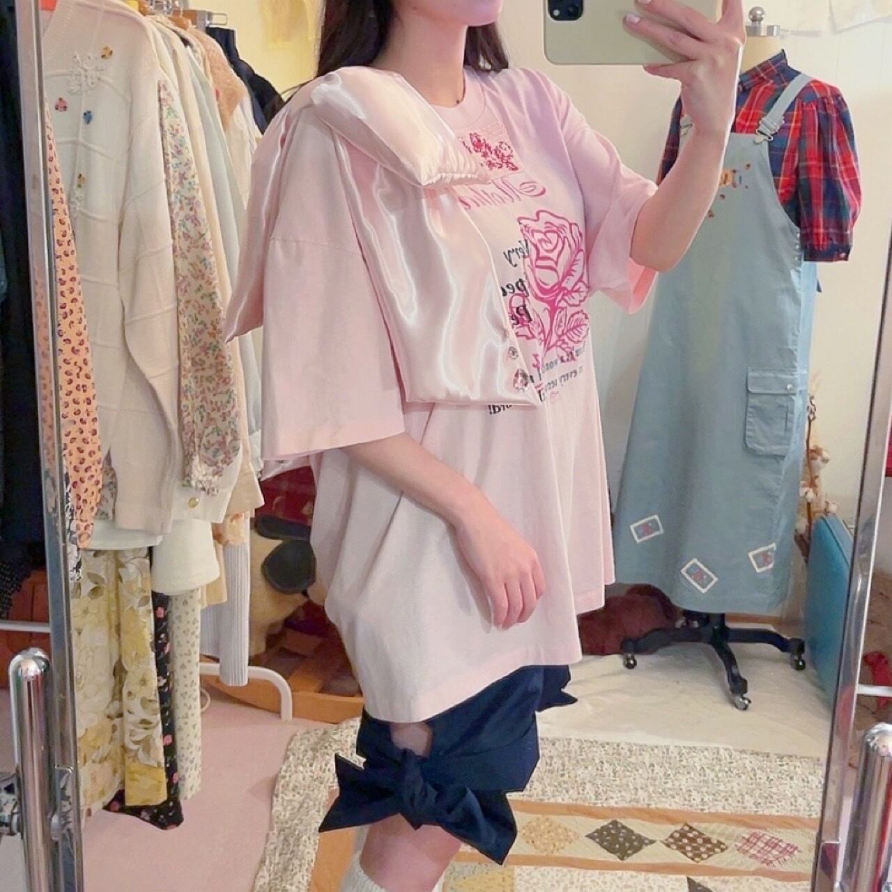remake ˚✧₊ big ribbon pink T-shirt