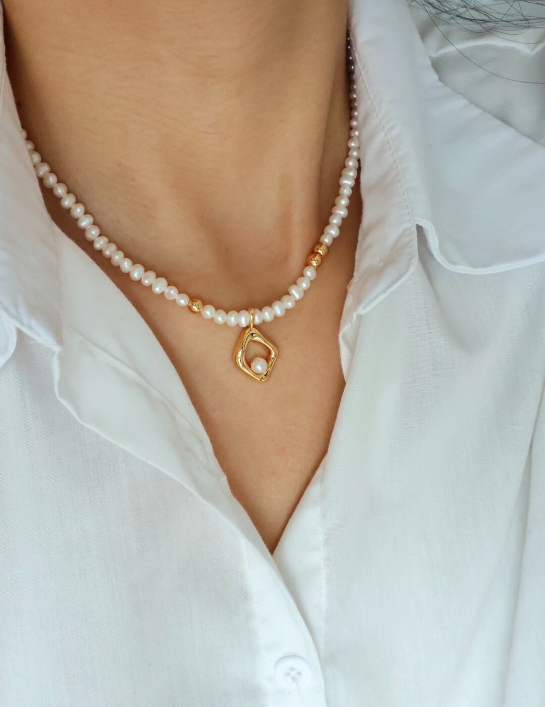 ジオメトリックシリーズ 天然淡水パールネックレス シルバー925金メッキ 洗練されたジュエリー