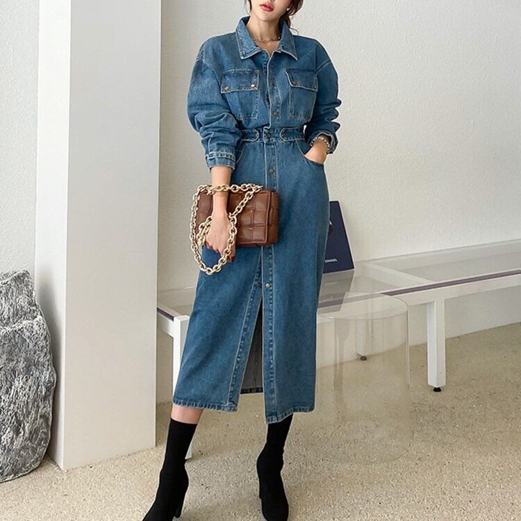 デニムシャツワンピース ミモレ丈 ロング丈 シャツ デニム シャツ