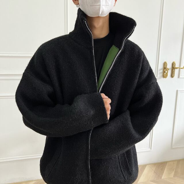 予約販売】ブルゾン アウター ジップアップ 無地 ニット ハイネック