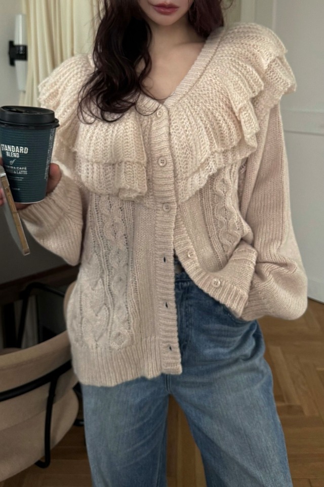 WILLFULLY  shoulder frill cable knit cardigan ショルダーフリルケーブルニットカーディガン　P/beige