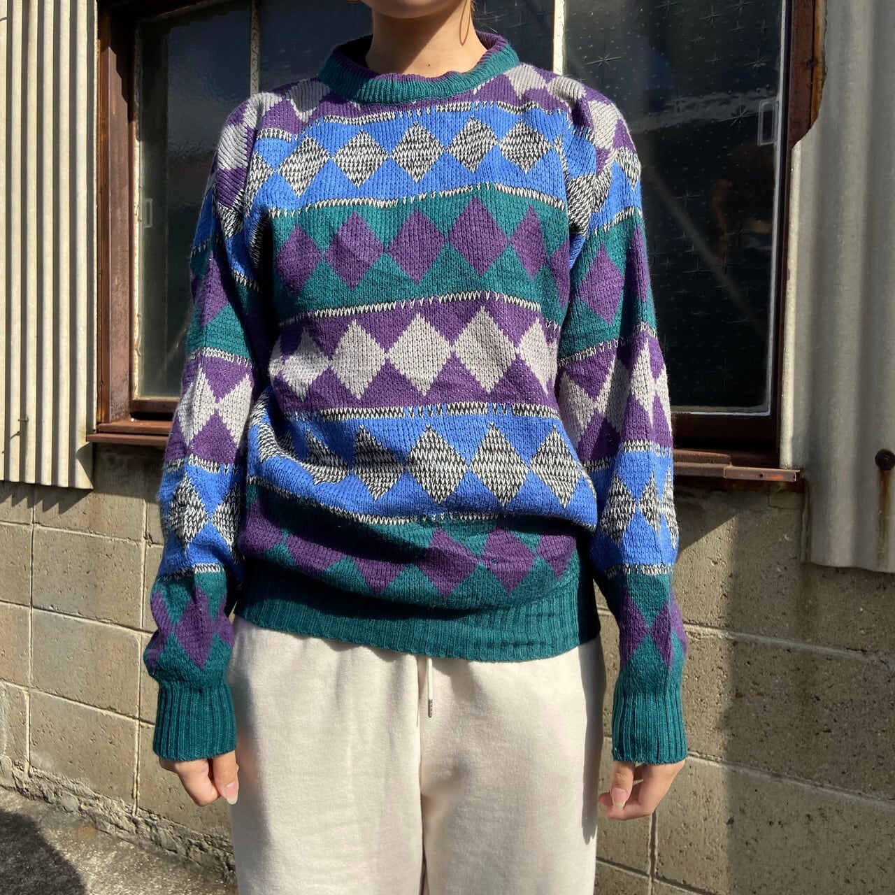 Staurdays 総柄 ダイヤ アクリル ニットセーター メンズl レディースxl 古着 グリーン ブルー パープル ニットセーター Ws22 50 Cave 古着屋 公式 古着通販サイト