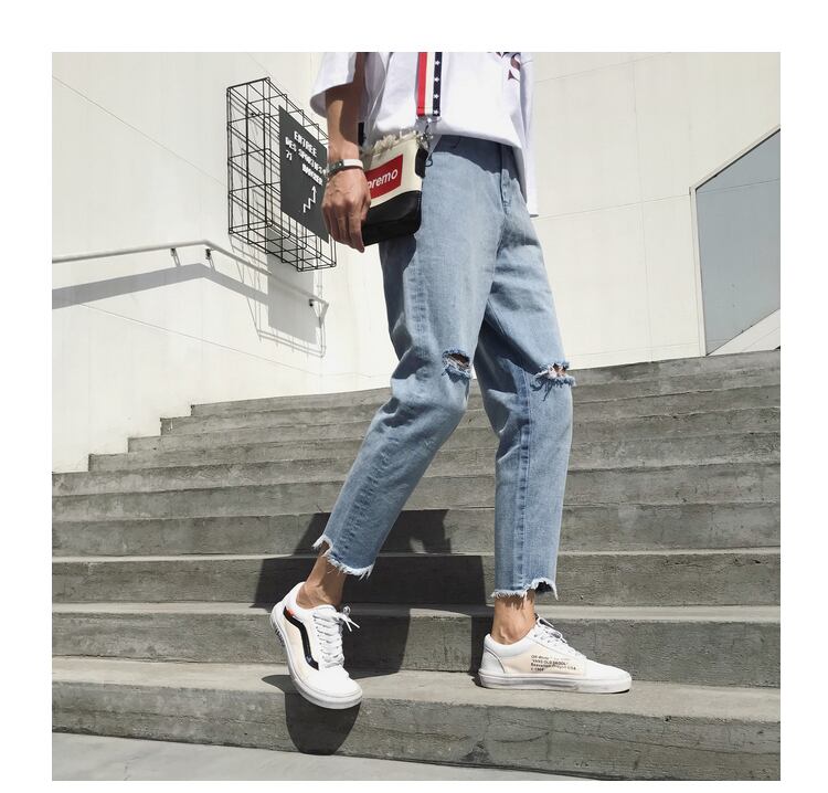 全2色 デニム パンツ ストレート カジュアル ダメージ 無地