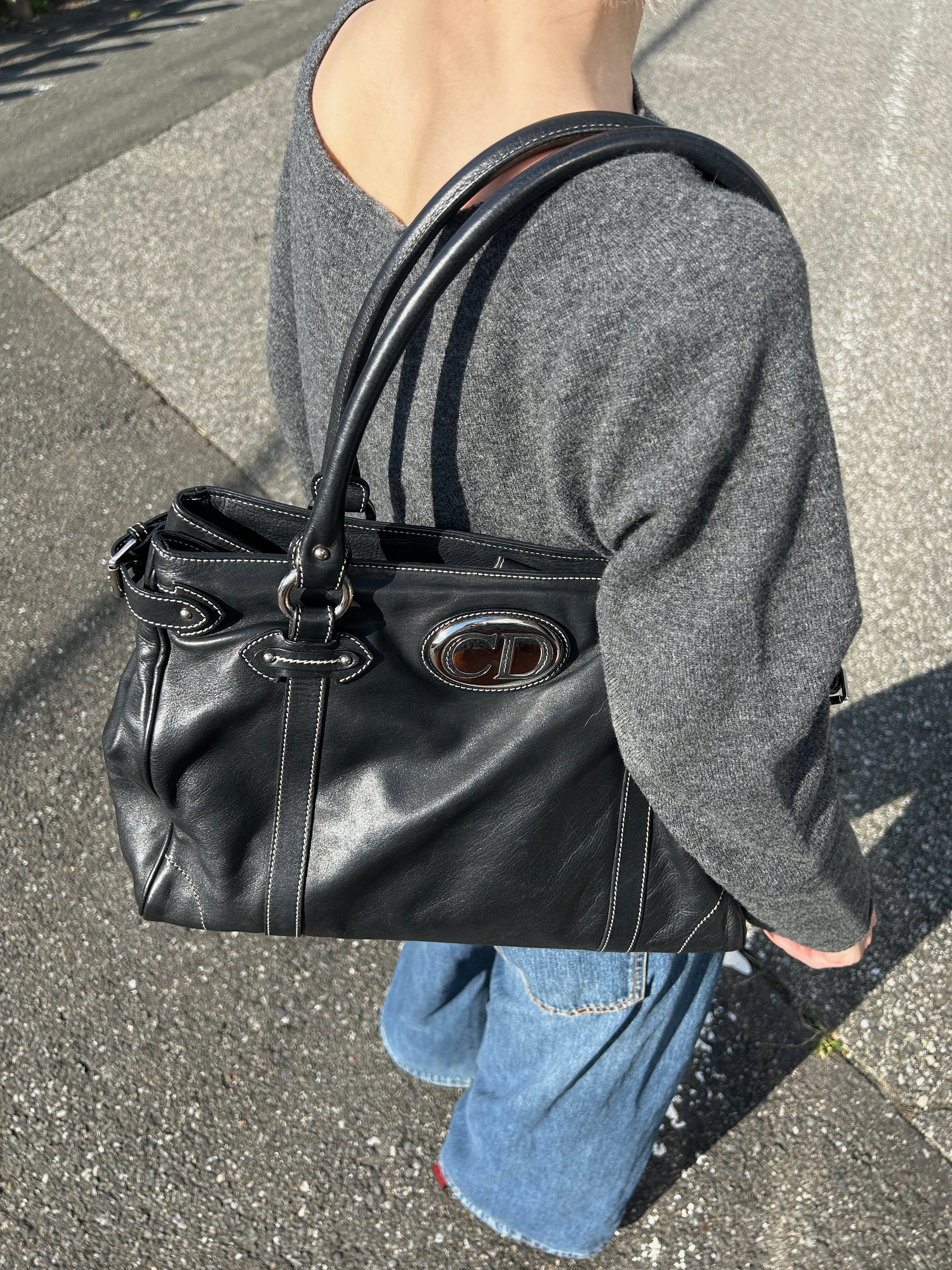 Christian Dior クリスチャン ディオール トートバッグ ブラック CDロゴ レザー vintage ヴィンテージ オールド js7hxe