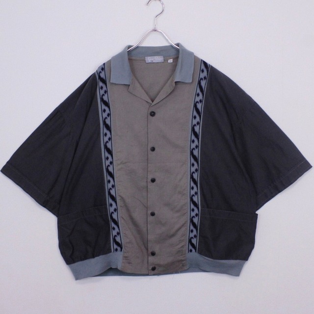 【Caka act2】Wave Line Design Euro Vintage Open Collar Linen Mix Loose S/S Shirt
