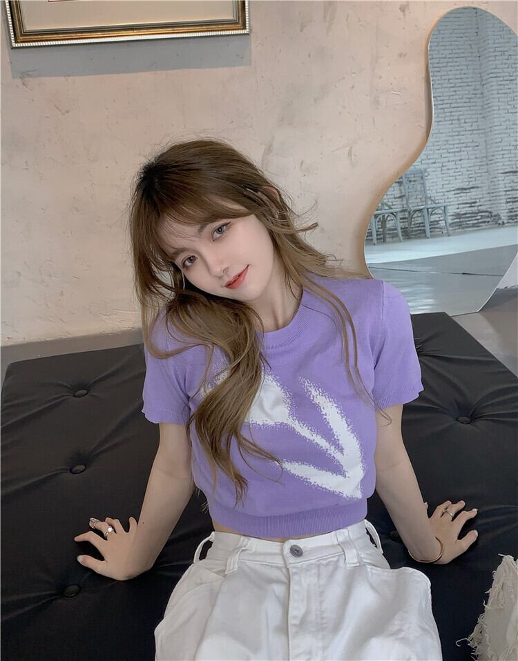 ニットTシャツ ショートスタイルトップス サマー 夏物 パープル ヨーロピアン ブラックストロベリース18500342255