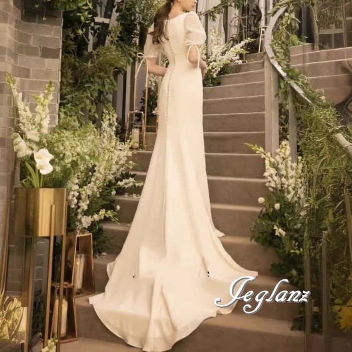 優雅 ウエディングドレス ステッチ 袖リボン バックシャン(M9193)ο