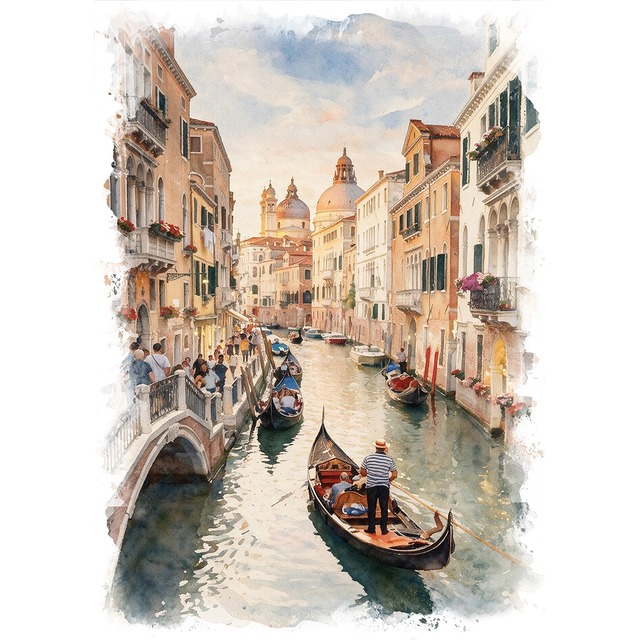 絵画 イタリア 風景画 ヴェネツィアの細い運河 インテリアアート額付き 水彩画・油絵風 WAT2148
