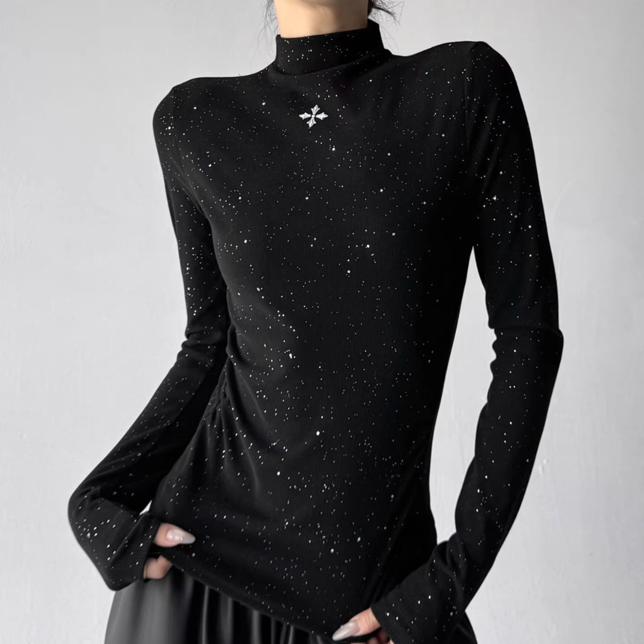 Winter Long Sleeve T-Shirt, Sparkly Mock Neck Slim Fit Top (ME295)