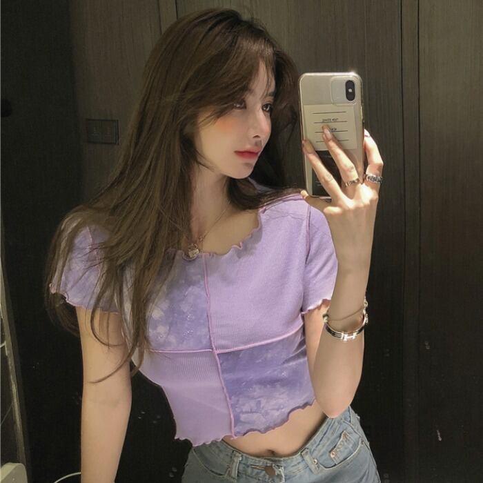 サマーレッドショートトップス スリムシャツ ハイウェストTシャツ レディース 夏物 ドラファッションホール45407705207