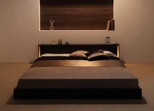 モダンライト・コンセント付きフロアベッド プレミアムポケットコイルマットレス付き ダブル 組立設置付