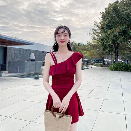 IT124-2 水着 レディース シンプル ワンピース レッド