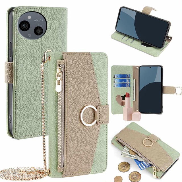 TOO&SOO 対応 AQUOS sense 10 / 9 ケース 手帳型 ミラー付き アクオスセンス10 ケース ショルダー SH-53F SH-M33 カバー aquosセンス9 手帳型ケース ストラップ付き SH-53E SHG14 SH-M29 カバー スタンド機能 カード収納 耐衝撃 肩掛け アクオスsense10 スマホケース おしゃれ 女性 柔らかいTPU 斜め掛け - 緑