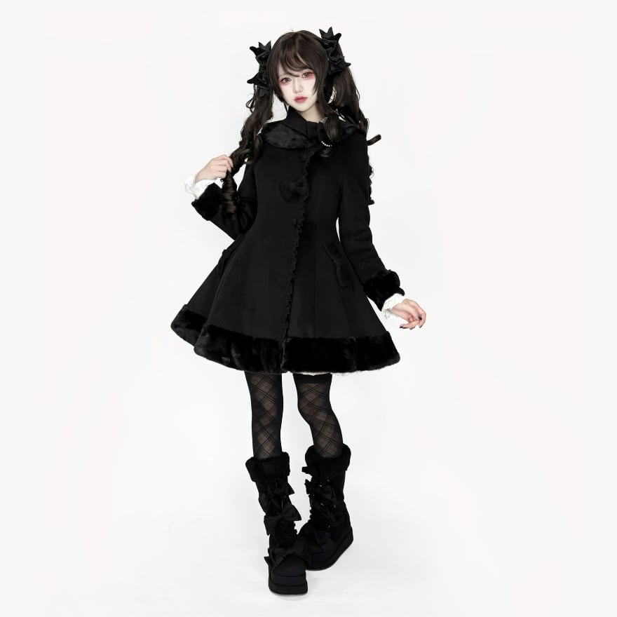 LIEF ファーカラー2wayコート ブラック ゴス ゴシック 黒ロリータ 地雷系・量産型・ロリータ対応 フレアファーコート｜Aライン冬アウター