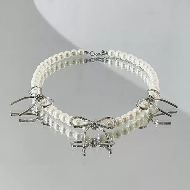cute fake pearl and ribbon necklace 0398