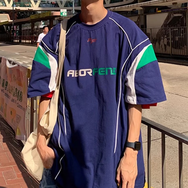 Retro Sports Jersey Tee – Colorblock Line Design, Loose Fit (FD044)