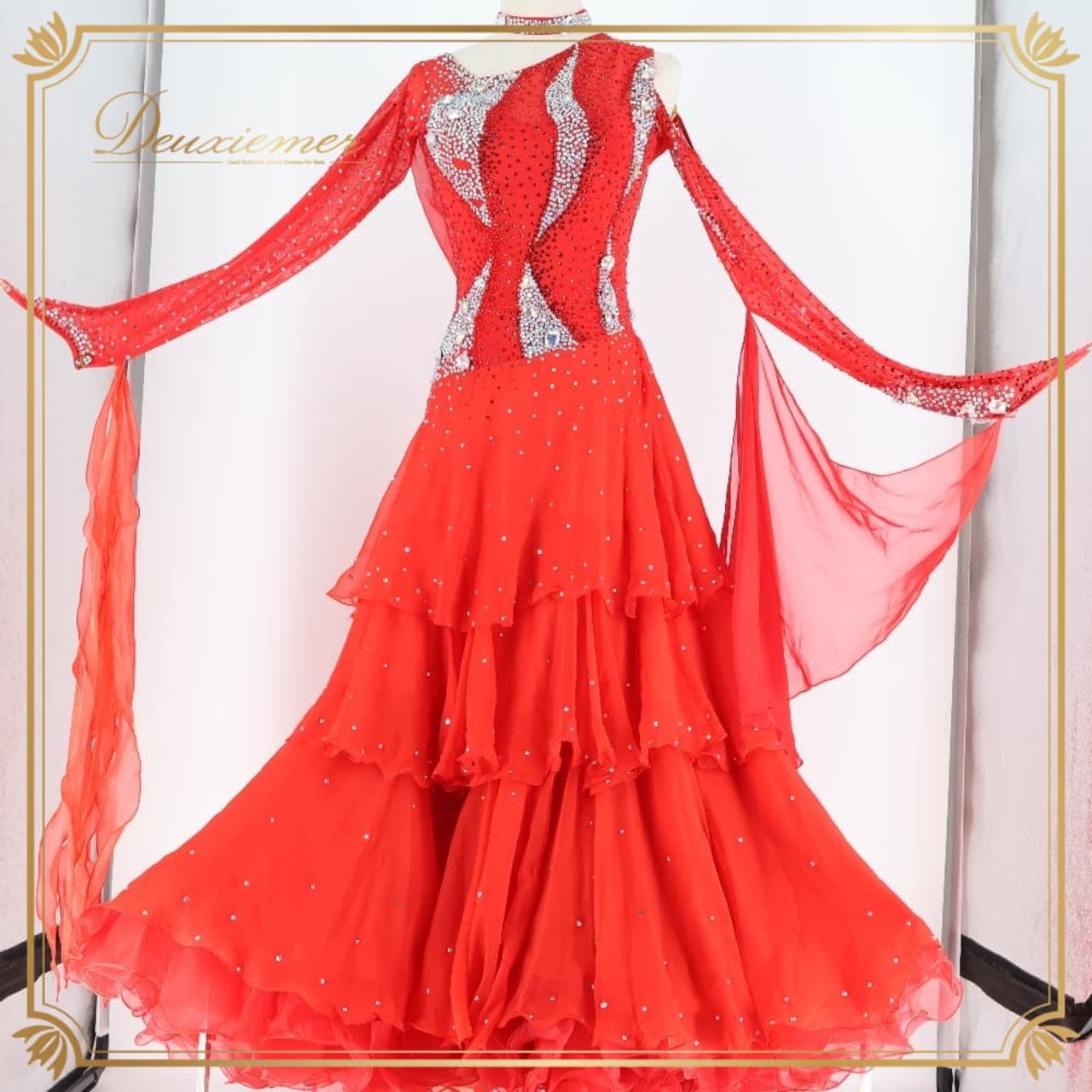 社交ダンス 衣装 TAKA DANCE タカダンス ドレス ワンピース スタンダード レッド系 赤 フロート レース デモ 競技 ダンス パーティ 発表会 デモ用 競技用 ステージ衣装 ダンスパーティ衣装 発表会衣装 ラインストーン