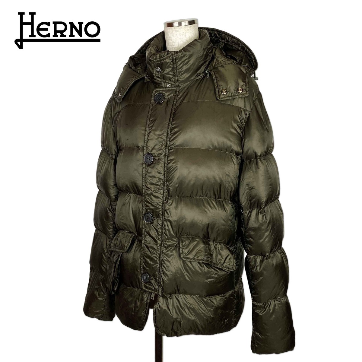 ★大きいサイズ★ HERNO ヘルノ フード付き ダウンジャケット メンズ カーキ 50 XLサイズ 予備ボタン付き ルーマニア製 ...