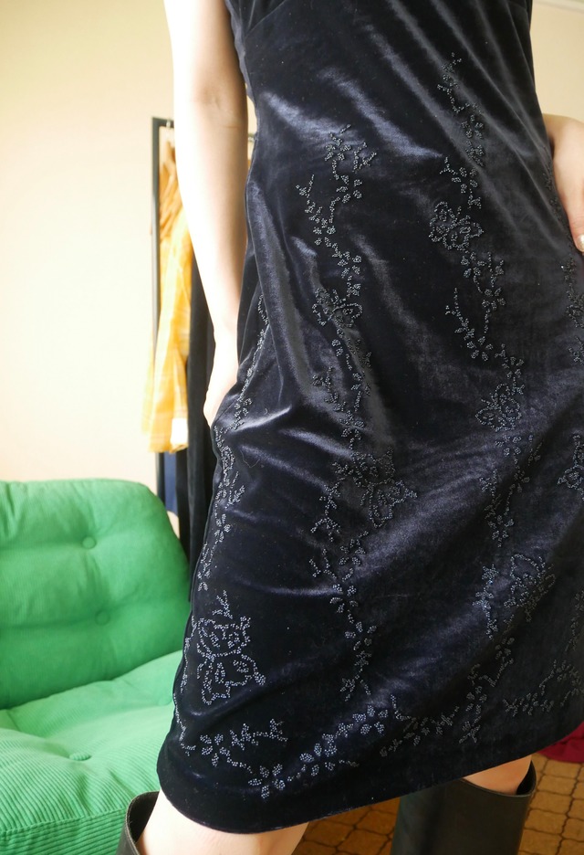 90s All That Jazz Beaded Velour Cami Dress Navy