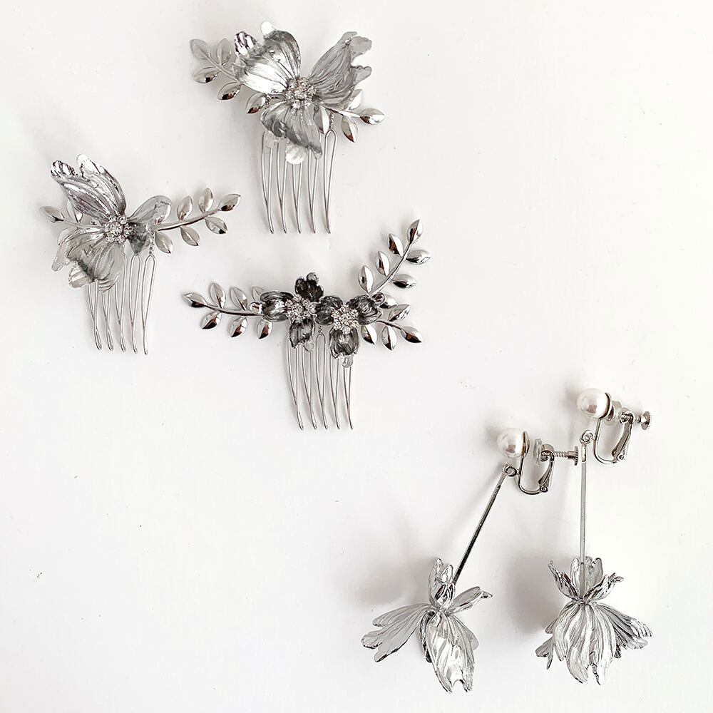 【Set販売】シルバーフラワーのコーム&イヤリング/ピアスセット【TST-003-SI】