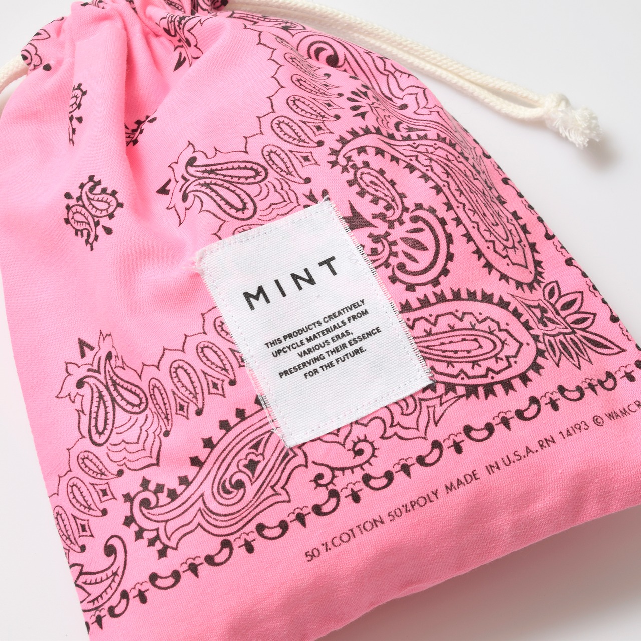 MINT ヴィンテージバンダナ 巾着ポーチ ピンク Lサイズ