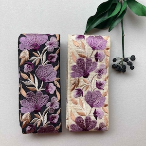 〈再入荷〉紫扇お花のローシルク刺繍リボン（1mカット）
