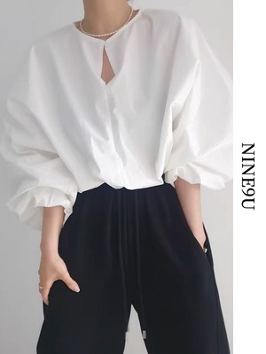 balloon-sleeve natural elastic-waist blouse 3color【NINE7860】