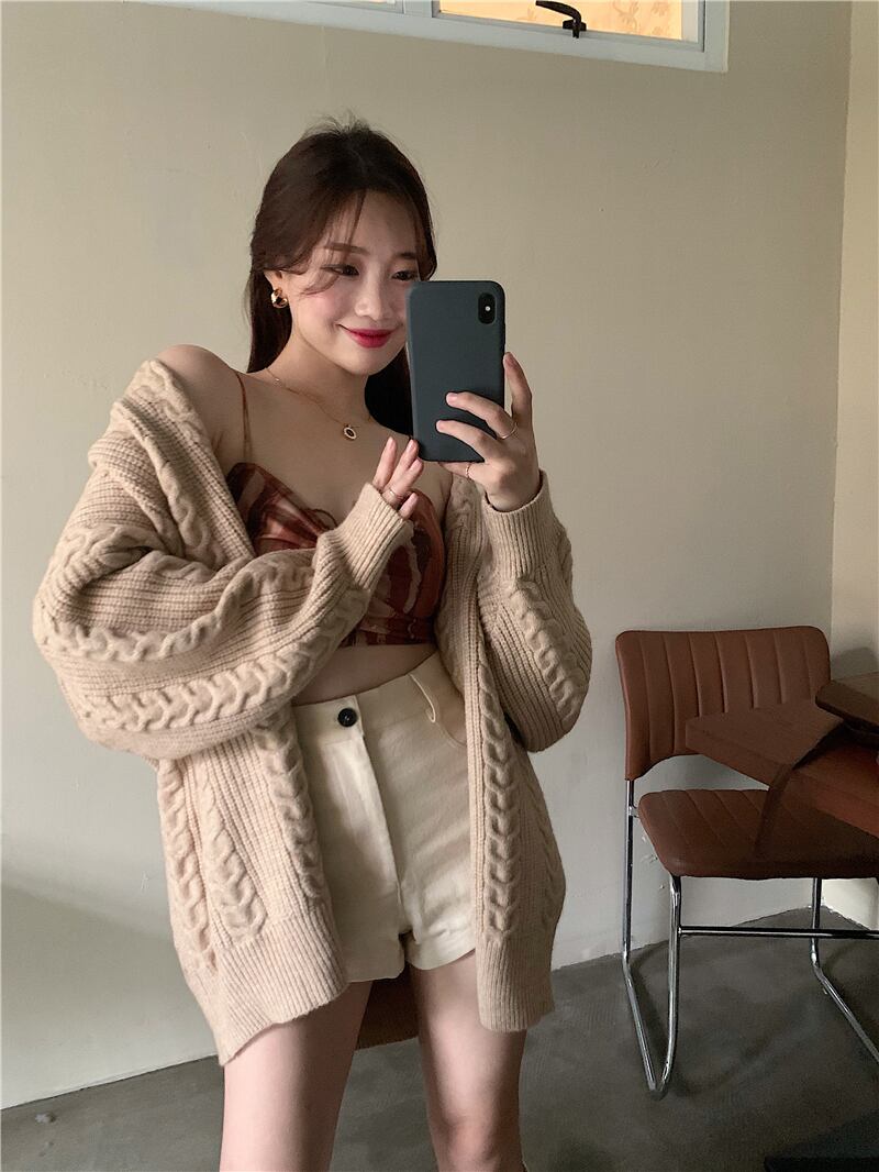 ニットセーター カーディガンジャケット レディースオータムウィンタースタンダードスタイルルーズ レトロ 秋物 冬物 ブラックストロベリース2089579684