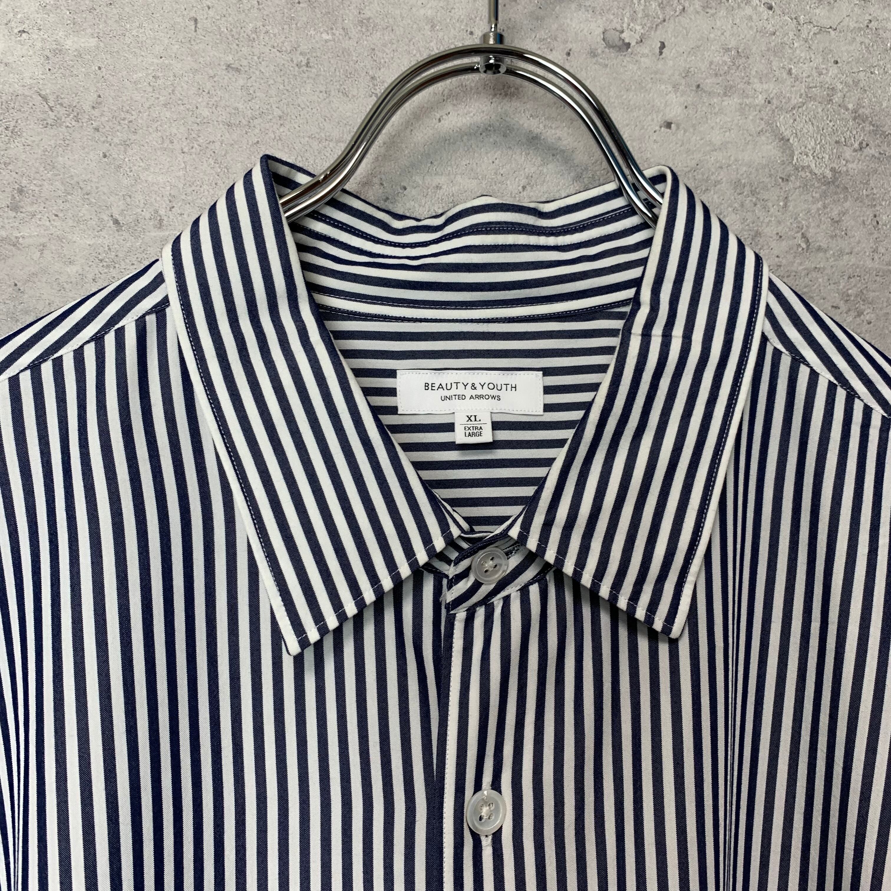 ビューティ&ユース ブルー ストライプ オーバーサイズ シャツ 長袖 白