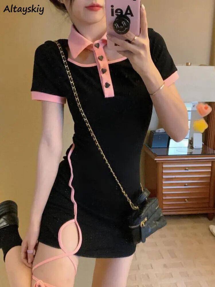 【新作】【送料無料】 ミニ黒ドレス女性韓国スタイルシンプルなレースアップスリム夏腹部ホットスウィートトレンディなホット販売オールマッチカジュアルストリート 0369213695719