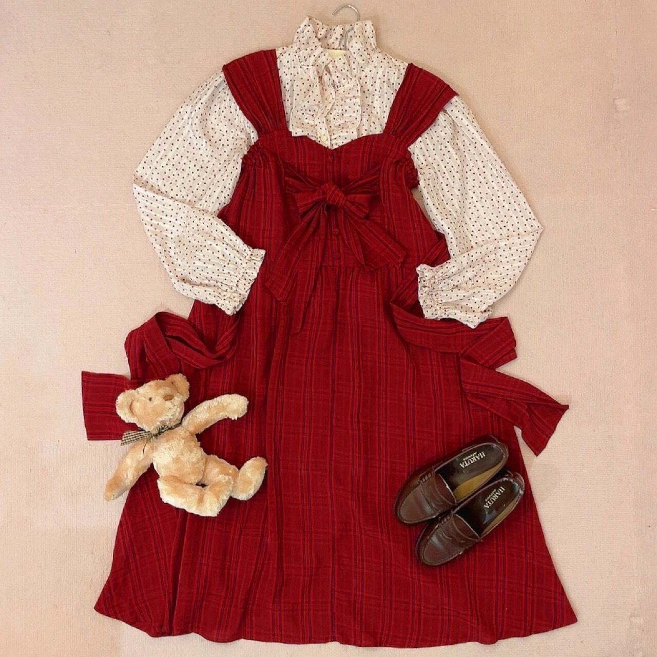 red check big ribbon jumper skirt