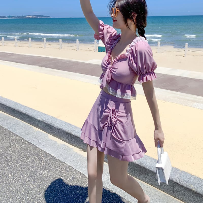 クリスマスツリー特価!⑬シフォン袖水着 花柄 かわいい 体型 着痩せ