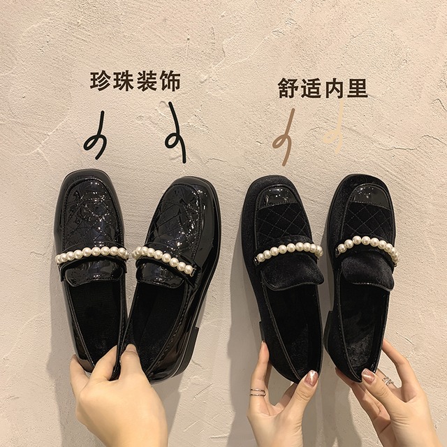 スプリングスタイルレザーパールシングル 靴 シューズ ローファー 春物 ラウンドトー 真珠 フェイクシューズ97716395865