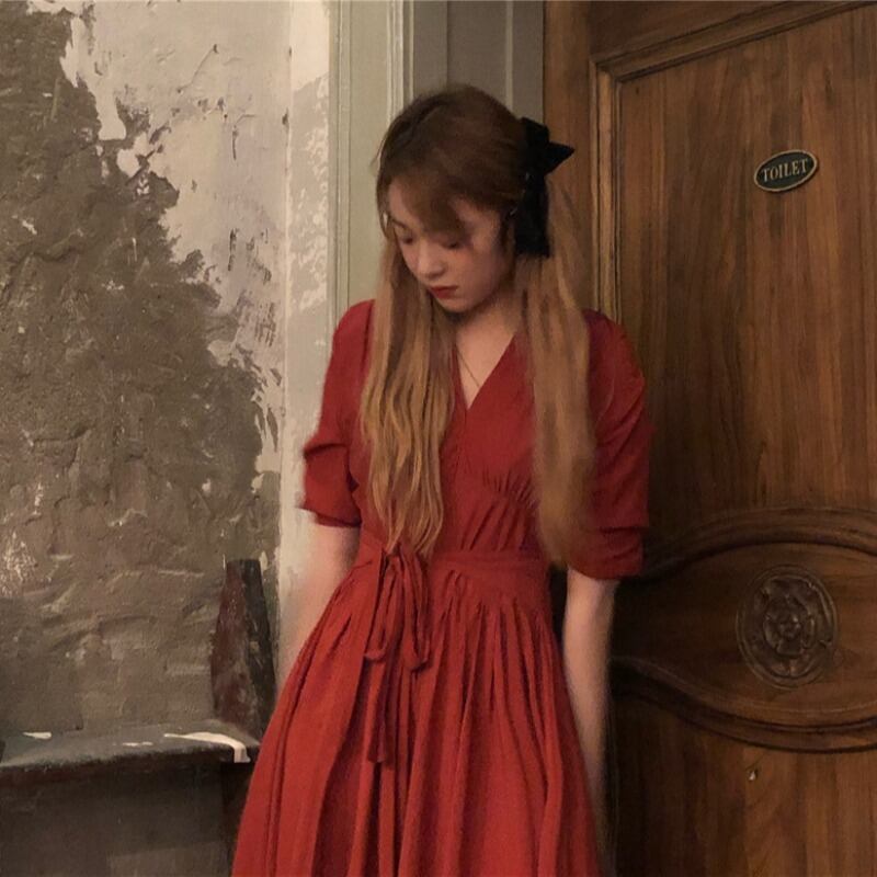 レッドスタンダードウェストドレス スタイル薄手スカート レトロ YY-ファッション32991190520