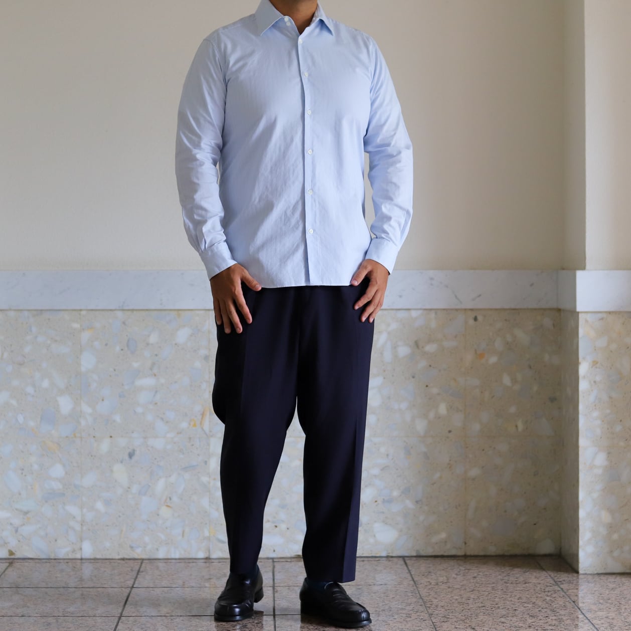 定価10万】HERMES special broad cotton Blue stripe shirt made in  