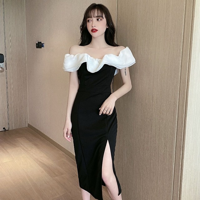 ブラックホワイトスタイルスリットウェストドレス ハンチェンe28773786368