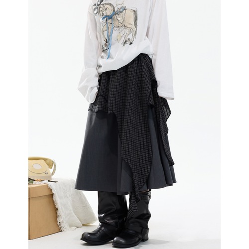 asymmetric checkered pattern layered skirt　アシンメトリーチェックレイヤードスカート　J2049