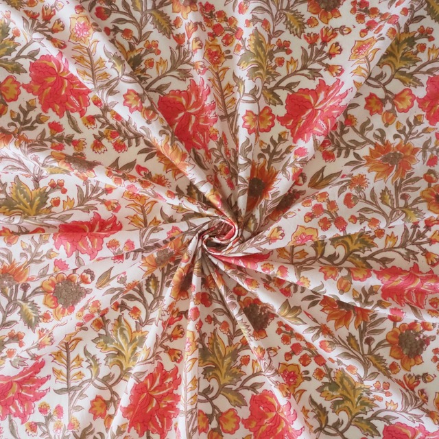 ブロックプリント生地【50cm単位】インド綿  花柄 白×黄色×赤 #36873-WT1