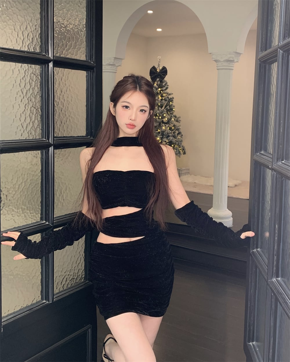 ブラック オフショルダー ミニドレス ミニドレス レディース ワンピース ワンピ ドレス ミニ ミニ丈 手袋